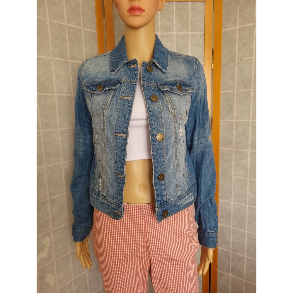 Small Mudd Women's Denim Blue Distressed Long Sleeve Jean Jacket Y2K Vintage